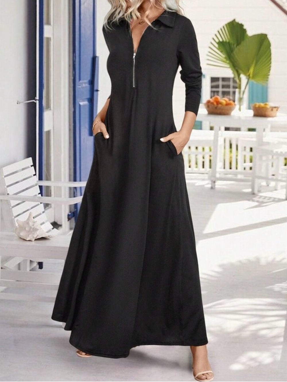Soft Surroundings Black Ponte Knit Swingtime Maxi Dress Pockets Women’s Medium